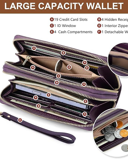 yiijay Womens Wallet RFID Blocking Large Capacity Leather Double Zip Wristlet Wallet Credit Card Phone Holder Ladies Clutch