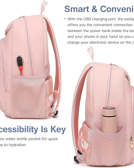 Boavan Laptop Backpack for women, 15.6 inch Laptop Bag with USB Port, Waterproof Travel Work Backpack Purse, Anti-Theft Teacher Nurse Doctor Casual Bookbags Office Business backpack，Pink