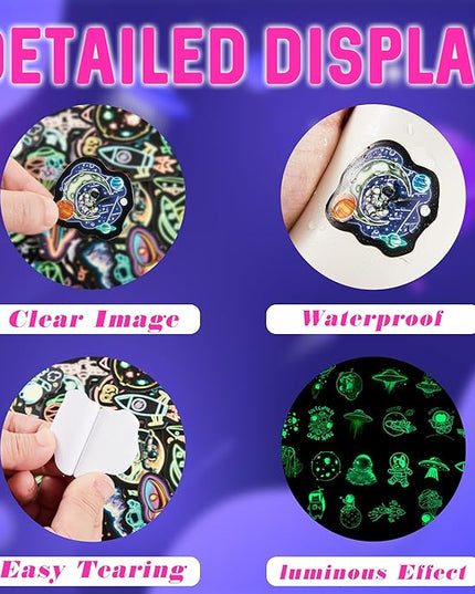 75 Pcs Neon Space Planets Stickers for Kids Glow in The Dark, Vinyl Astronaut Sticker for Water Bottle, Waterproof Laptop Decals for Teens Girls Boys Adults