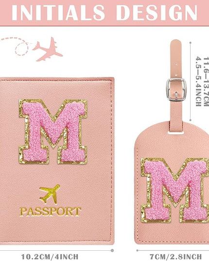 COSHAYSOO Initial Passport Cover Luggage Tag Set Letter Passport Holder Airplane Cruise Travel Essentials Vacation Traveling Accessories Personalized Gifts for Women Teen College Girls Pink M