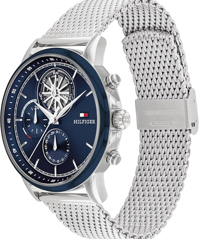 Tommy Hilfiger Men's Multifunction Quartz Watch – 44mm Stainless Steel Case, Double-Layer Dial, Link Bracelet, Skeleton-Inspired Design - Gift for Him