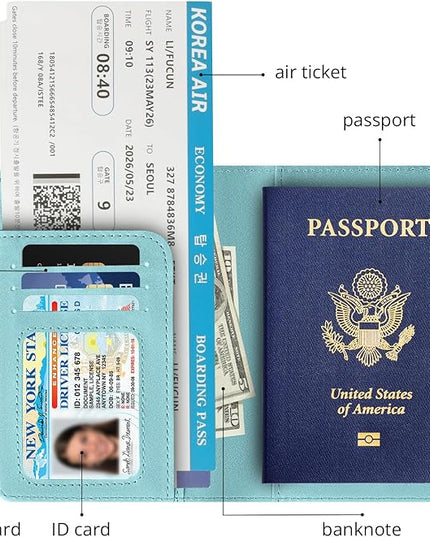Passport Holder for Travel Essentials,RFID Blocking Passport Cover Wallet Card Case for Women and Men (Light Green)