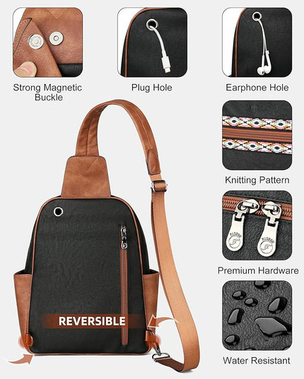 FADEON Large Sling Bag for Women, Leather Crossbody Purse Designer Anti Theft Sling Backpack, RFID Fanny Packs for Travel