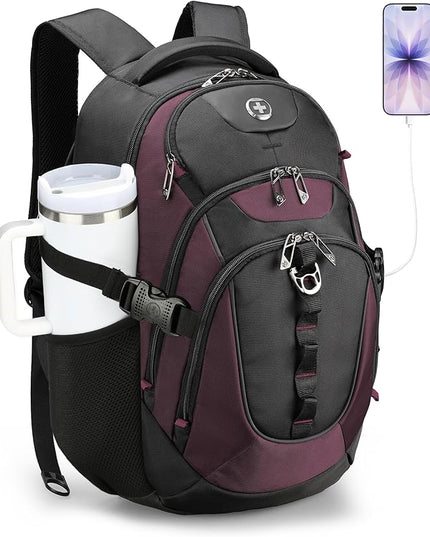Swissdigital Design Laptop Backpack with USB Charging Port, Travel Backpack Fits 15.6 inches Computer, 31L College School Backpack for Women, Angola red/Black | SD803-44