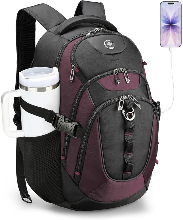 Swissdigital Design Laptop Backpack with USB Charging Port, Travel Backpack Fits 15.6 inches Computer, 31L College School Backpack for Women, Angola red/Black | SD803-44