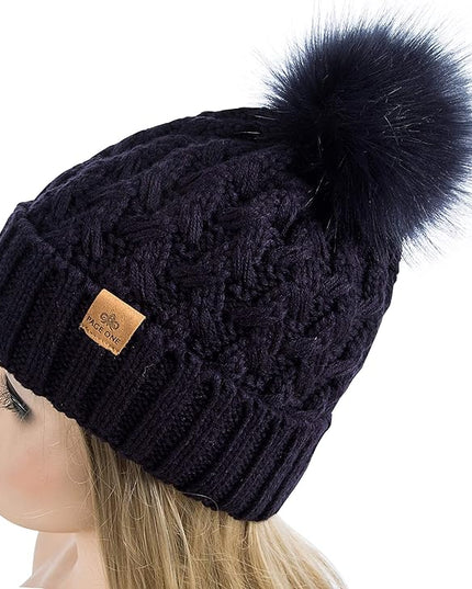 PAGE ONE Womens Winter Ribbed Beanie Crossed Cap Chunky Cable Knit Pompom Soft Warm Hat