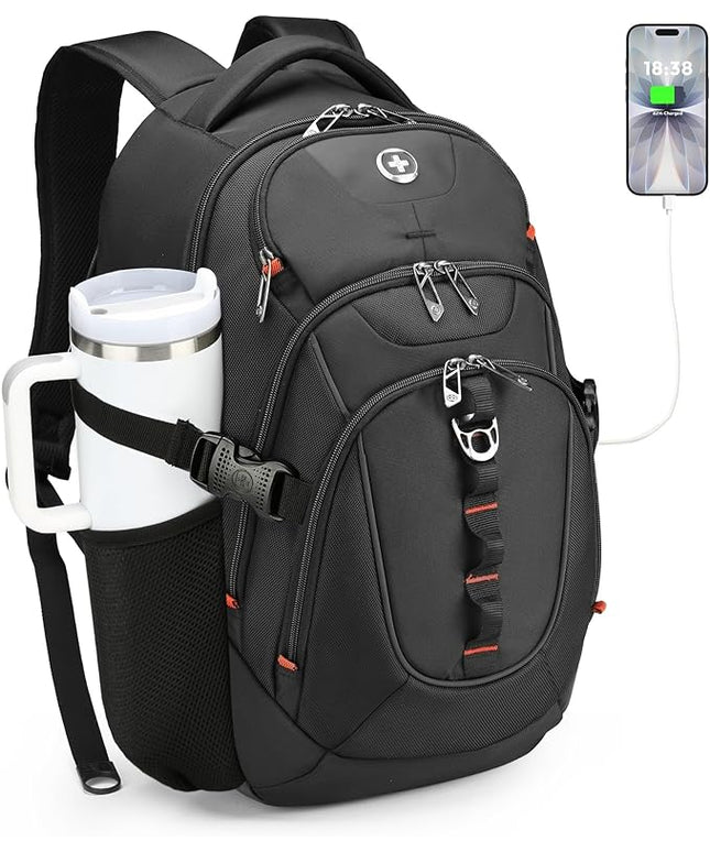 Swissdigital Design Laptop Backpack with USB Charging Port, Travel Backpack Fits 15.6 inches Computer, 31L College School Backpack for Men, Black | SD803-01