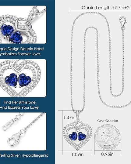 LOUISA SECRET Sparkling Double Heart Birthstone Necklaces for Women, 925 Sterling Silver Fine Jewelry, Pendant Heart Necklaces Birthday Anniversary Christmas Gift for Women Wife Mom Girlfriend Lady