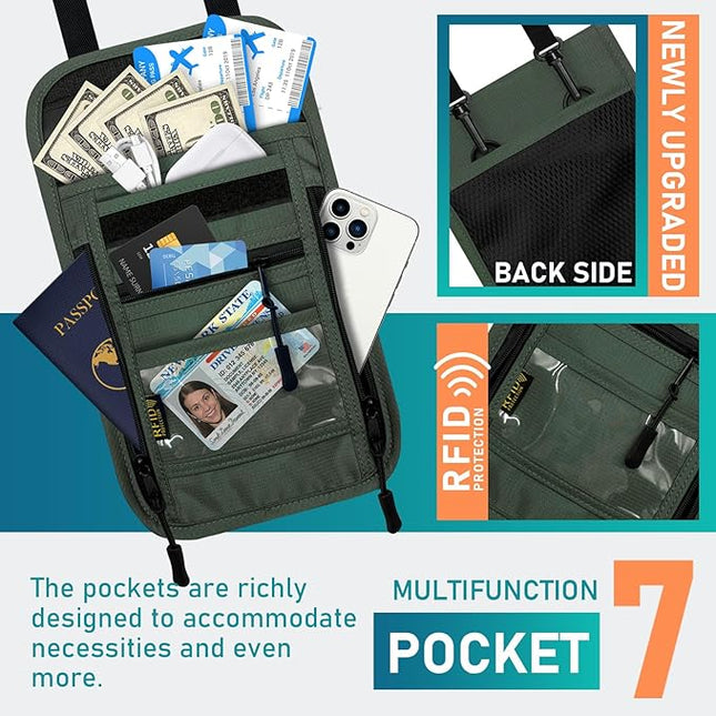 sundee Travel Neck Wallet with Double Zippers, RFID Blocking Passport Holder with Adjustable Neck Strap for Men and Women to Keep Cash, Credit Cards and Travel Documents Safe - Olive Green