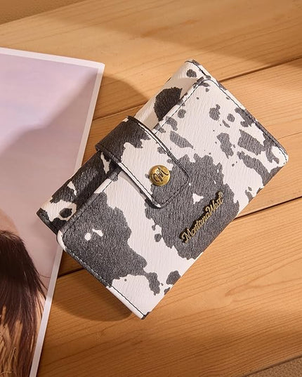 Montana West Small Women's Wallet Black Cow Print Card Wallets for Women Trifold Travel Wallet Ladies Female Wallets RFID Blocking Western Card Cash Wallett with ID Window