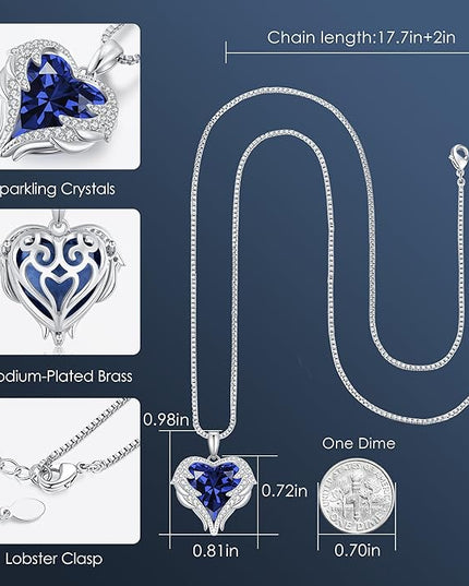 CDE Christmas Gifts for Women Angel Wings Necklace for Women with Birthstone, Love Heart Silver Tone/Gold Tone Pendant, Ideal Anniversary or Birthday Jewelry Gifts for Wife Girlfriend Her