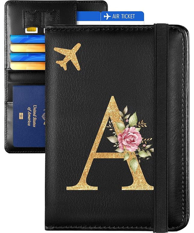 Slohif Initial Passport Holder Cover Wallet Case for Travel Women - Leather Letter Passport Book Family Multiple Personalized Organizer Card Slots Protector Sleeve Essentials Slim Carrier A Black