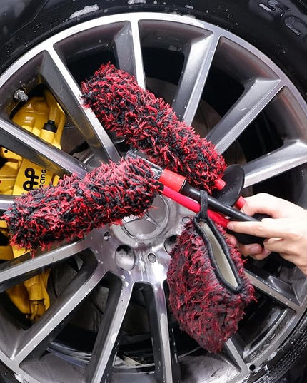 Metal Free Microfiber Wheel Brush Kit- Microfiber Angled Wheel Brush, Long Handle Wheel Brush, Tire& Detailing Brush, Wheel Wash Mitt. Hands-On Wheel Detailing Kit for Daily Wheel Cleaning
