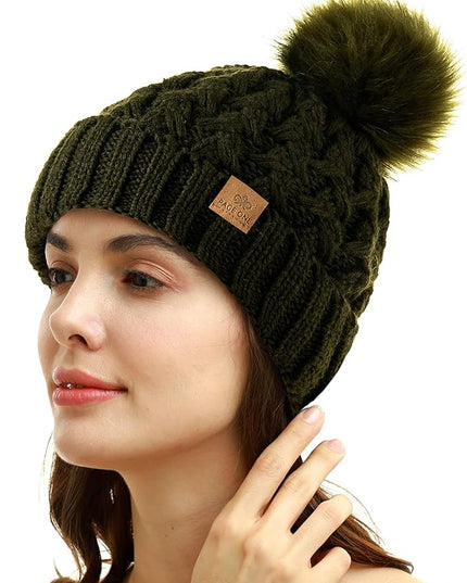 PAGE ONE Womens Winter Ribbed Beanie Crossed Cap Chunky Cable Knit Pompom Soft Warm Hat