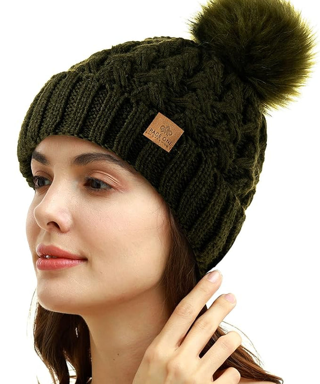 PAGE ONE Womens Winter Ribbed Beanie Crossed Cap Chunky Cable Knit Pompom Soft Warm Hat