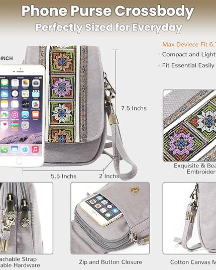Goodhan Embroidery Canvas Crossbody Bag Cell phone Pouch Coin Purse for Women