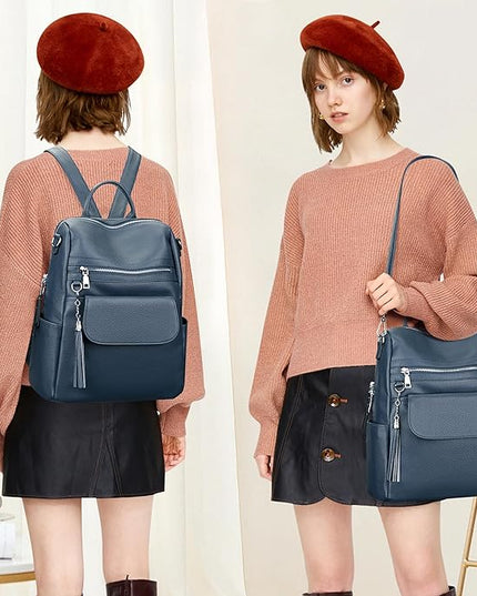 ALTOSY Genuine Leather Backpack Purse for Women Large Convertible Shoulder bag Ladies Crossdody Bag with Tassel(S115 Indigo Blue)
