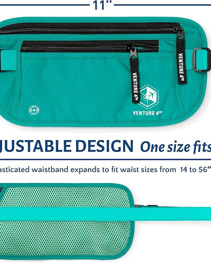 VENTURE 4TH Money Belt for Travel – Hidden Under-Clothes RFID Blocking Passport Holder & Slim Travel Wallet Pouch for Men & Women to Protect Cash, Cards & Documents (Turquoise)