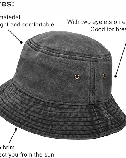 Bucket Hat, Wide Brim Washed Denim Cotton Outdoor Sun Hat Flat Top Cap for Fishing Hiking Beach Sports