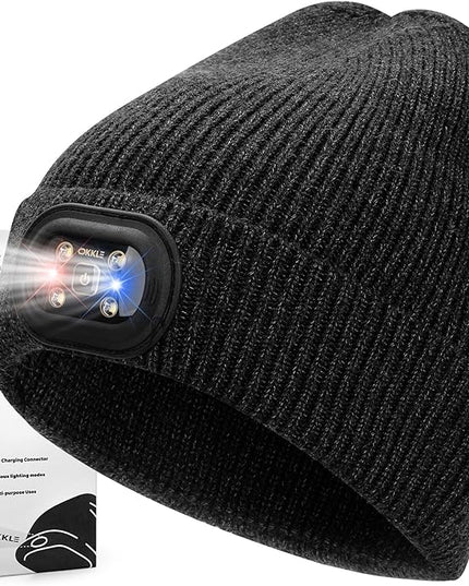 OKKLE Unisex LED Beanie with Light, USB Rechargeable Headlamp Hat, Winter Gifts for Men Women Husband Him Slate Gray