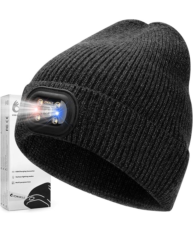 OKKLE Unisex LED Beanie with Light, USB Rechargeable Headlamp Hat, Winter Gifts for Men Women Husband Him Slate Gray