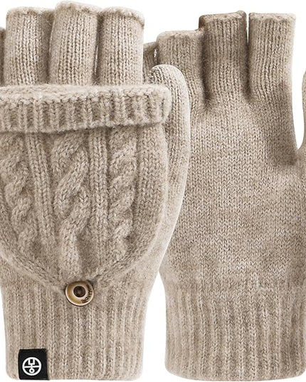 Winter Fingerless Gloves for Women Men Warm Knitted Convertible Mittens Flap Cover