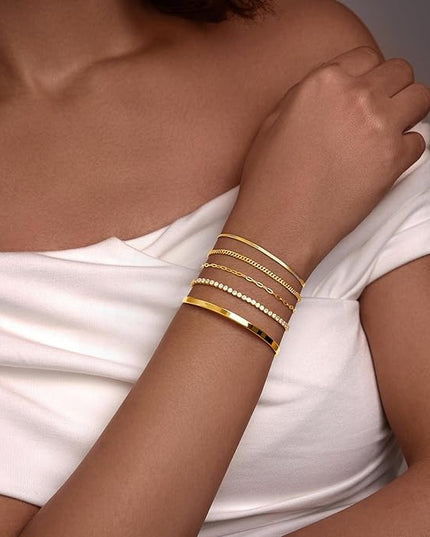 Gold Bracelets Set for Women Stack, Dainty Thick Bracelets Stack for Women Trendy, Simple Thin Gold Plated Cuff Stackable Bracelets With Beaded Cuban Paperclip Snake Rope Bangle Hand Chain Jewelry Gifts for Women Non Tainish