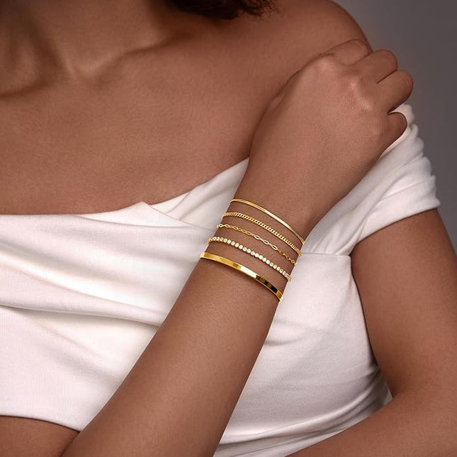 Gold Bracelets Set for Women Stack, Dainty Thick Bracelets Stack for Women Trendy, Simple Thin Gold Plated Cuff Stackable Bracelets With Beaded Cuban Paperclip Snake Rope Bangle Hand Chain Jewelry Gifts for Women Non Tainish