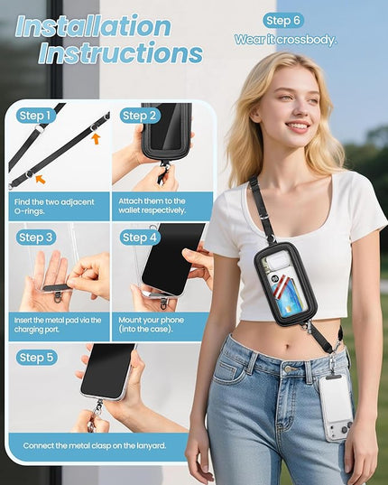Clip and Go Strap for Phone with Wallet Crossbody, Adjustable Neck Lanyard, Detachable Wristlet Wallet with Zipper Phone Screen ID Window, 2x Tether Tabs Compatibe for iPhone & Most Cellphones Black