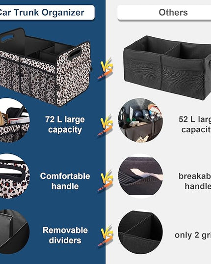Femuar Car Trunk Organizer, Large Capacity Collapsible Trunk Storage with 11 Pockets, Waterproof, Non-Slip, Suitable for Car, SUV, Truck, Van, Jeep, Sedan, Leopard Print