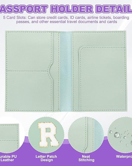 PATIKIL Passport Holder for Travel, Initial Passport Cover and Luggage Tag Set with Alphabet Chenille Letter Patch Travel Wallet Bag Suitcase Identifier for Women Family Travel Green R