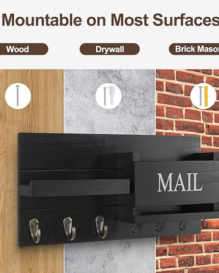 Lwenki Mail Organizer for Wall Mount – Key Holder with Shelf Includes Letter Holder and Hooks for Hallway Farmhouse Decor – Rustic Wood with Flush Mounting Hardware (16.5” x 9.1” x 3.4”) (Black)