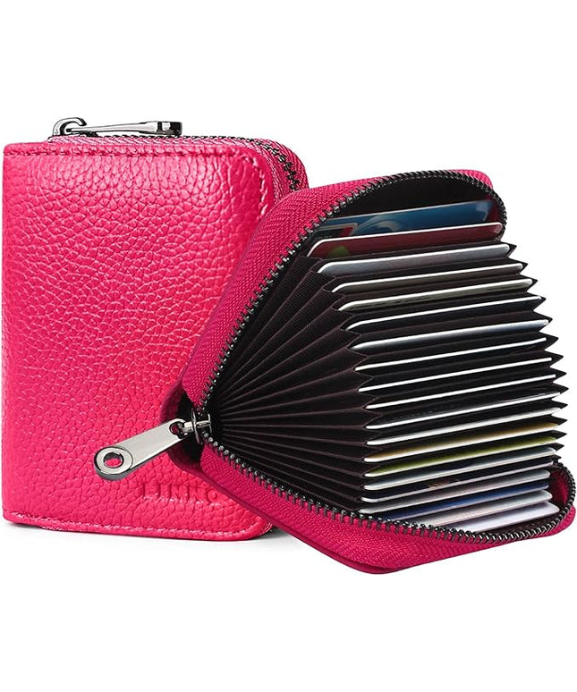 Linno RFID 20 Slots Credit Card Holder Genuine Leather Small Wallet for Women or Men with Zipper