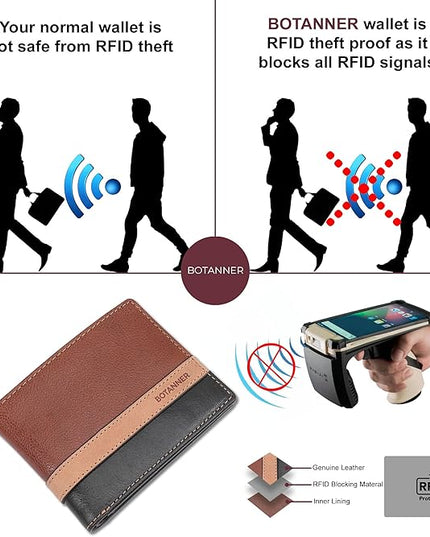 BOTANNER Genuine Leather Mens Bifold Wallet RFID Blocking 5 Credit Card Slots 1 ID Window 2 Sections for Bills 2 Additional Slots | Tan/Camel/Black