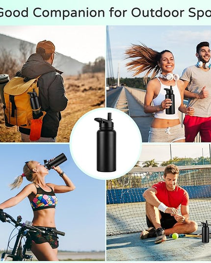 DOMICARE 32 oz Insulated Water Bottle Bulk, Vacuum Insulated Stainless Steel Sports Water Bottle with Straw Lid & Spout Lid, Leakproof, Reusable - Travel, Camping, Bike, Black (8 Pack)