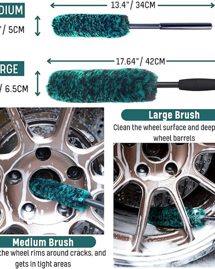 Professional 4 Pack Long Handle Wheel Brush Kit for Cleaning Wheel and Tire- 2X Soft Wheel Cleaning Brush, Detailing Brush and Stiff Tire Brush, Bendable& Durable Wheel Rim Cleaner Brush Set