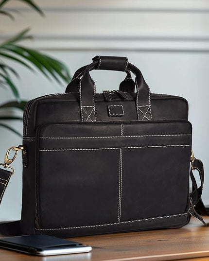 LEATHER VILLAGE 16" Leather Laptop Messenger Briefcase Bag for Men-Leather Satchel for Travel and Office Shoulder Bag-Black