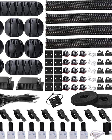 Cord Management Organizer Kit 4 Cable Sleeve split with 41Self Adhesive Cable Clips Holder, 10pcs and 2 Roll Self Adhesive tie and 100 Fastening Cable Ties for TV Office Car Desk Home