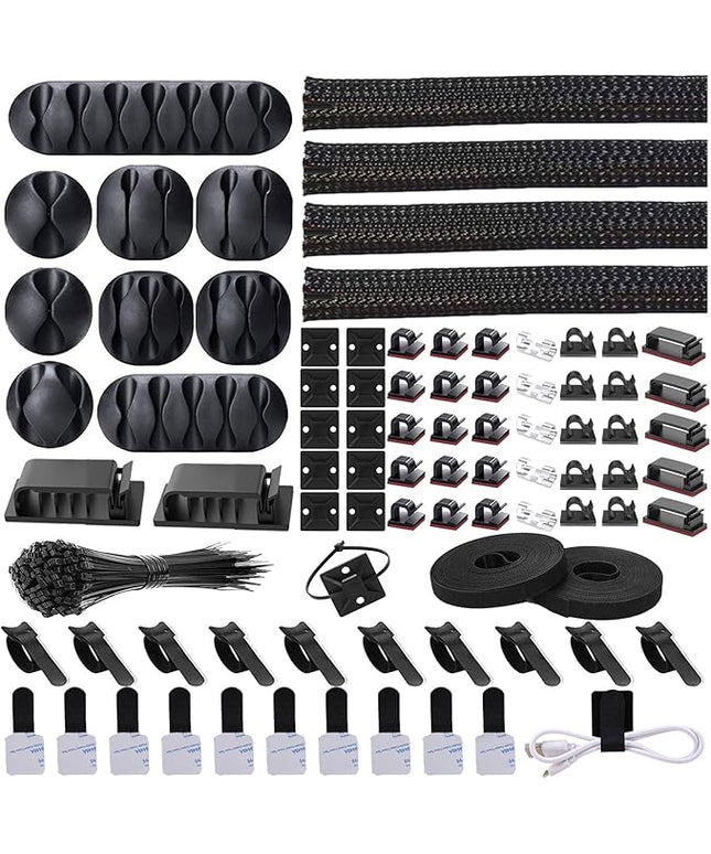 Cord Management Organizer Kit 4 Cable Sleeve split with 41Self Adhesive Cable Clips Holder, 10pcs and 2 Roll Self Adhesive tie and 100 Fastening Cable Ties for TV Office Car Desk Home