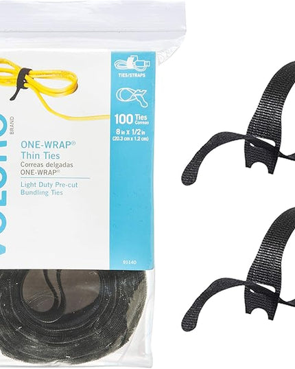 VELCRO Brand ONE-WRAP Cable Ties, 100Pk, 8 x 1/2" Black Cord Organization Straps, Thin Pre-Cut Design, Wire Management for Organizing Home, Office and Data Centers