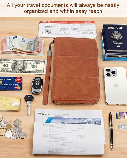 Family Passport Holder Wallet with Zipper, RFID Blocking Travel Document Organizer, PU Leather Passport Wallet for Women Men, Passport Cover Travel Wallet for Boarding Pass, ID, Money, Tickets