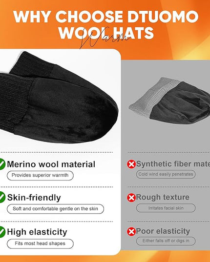 Merino Wool Beanie Hat for Men Women - Thermal Knitted Winter Hat for Large Heads Hiking Running Cap Wrap for Cold Weather