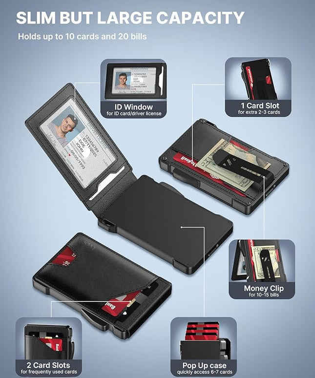 typecase Tactical Wallet for Men Card Holder: Pop Up Card Case, Genuine Leather, Smart, RFID Blocking, Slim, Minimalist, Thin, Front Pocket - 9-13 Card Capacitiy, ID Window, Money Clip (Black)