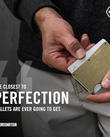 Ridge Wallet for Men - Slim Minimalist Compact Wallet and Card Holder, RFID Protected Front Pocket Wallets for Men with Integrated Cash Strap (Brass)