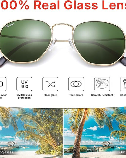 Pro Acme Small Square Sunglasses for Women Men 100% Real Glass Lens Hexagonal Frame