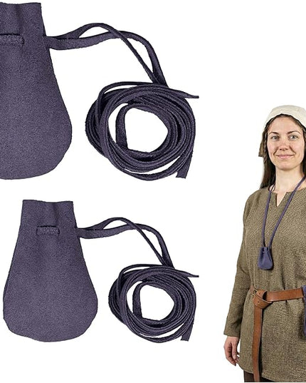 Mythrojan Small Trinket Pouches Suede Leather Drawstring Coin & Dice Bags for LARP, SCA, Viking & Medieval Events (Dark Blue)