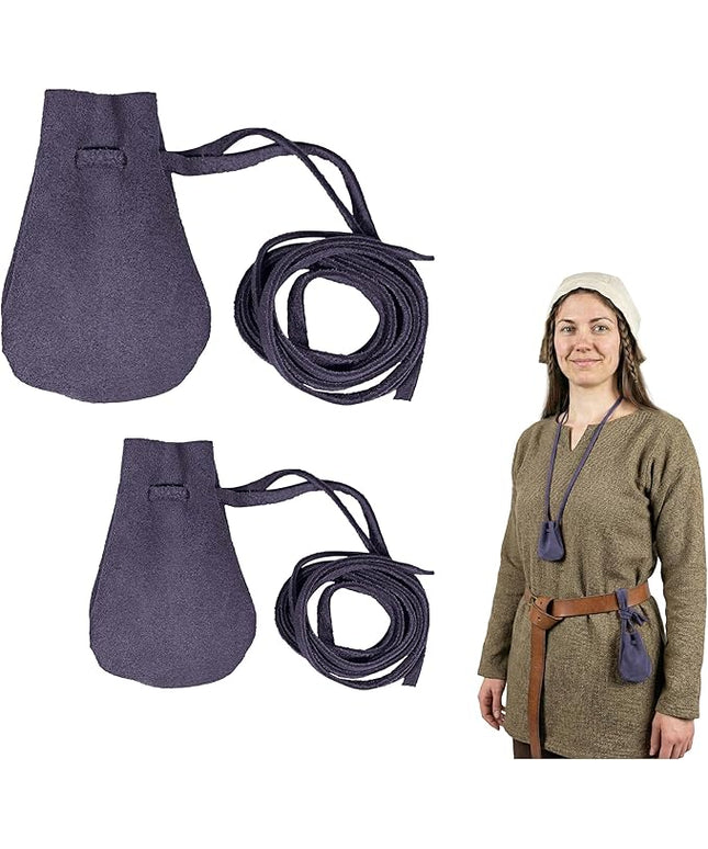 Mythrojan Small Trinket Pouches Suede Leather Drawstring Coin & Dice Bags for LARP, SCA, Viking & Medieval Events (Dark Blue)