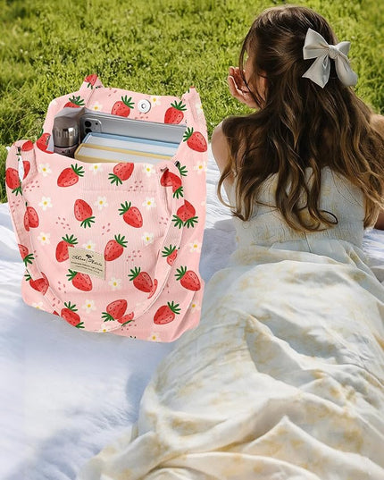 Corduroy Tote Bag for Women - Reusable Totes with Pocket & Buckle Cute Aesthetic Shoulder Bag for Work Travel