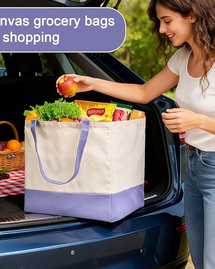 Reusable Grocery Bags Heavy Duty, 8.3 gal Foldable Large Canvas Tote Bag with Handles, Holds 60 lbs Canvas Shopping Bags, 1 Pack（Off White+Light purple）