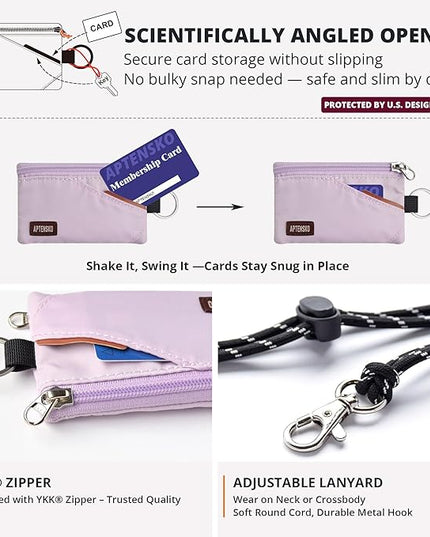 RFID Travel Wallet with Adjustable Lanyard-Zipper Small Wallet with ID Card Holder, Keychain for women&men-Minimalist Slim Waterproof Nylon case for ID, Cash, Key (Soft Lilac)